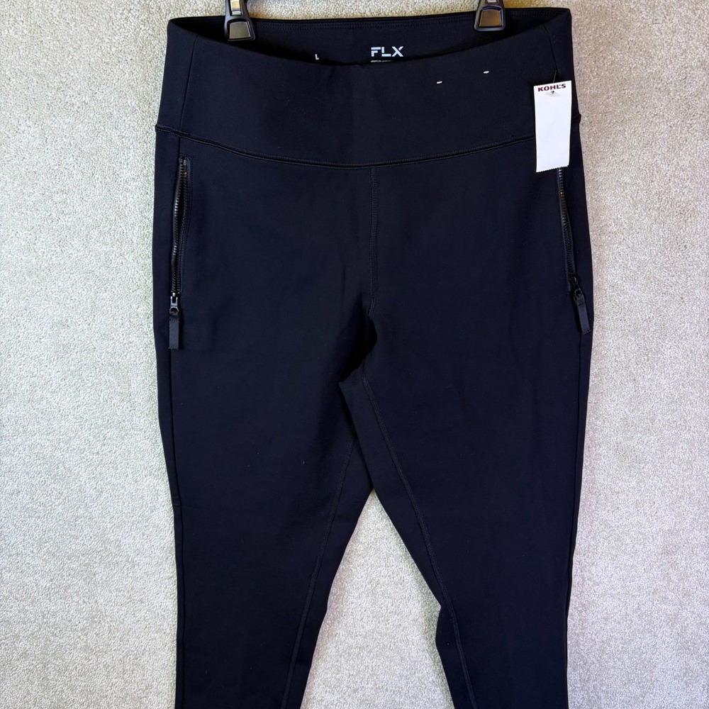 FLX High Rise Leggings Womens Large Black Zipper Pockets Ankle Slit Stretch NWOT